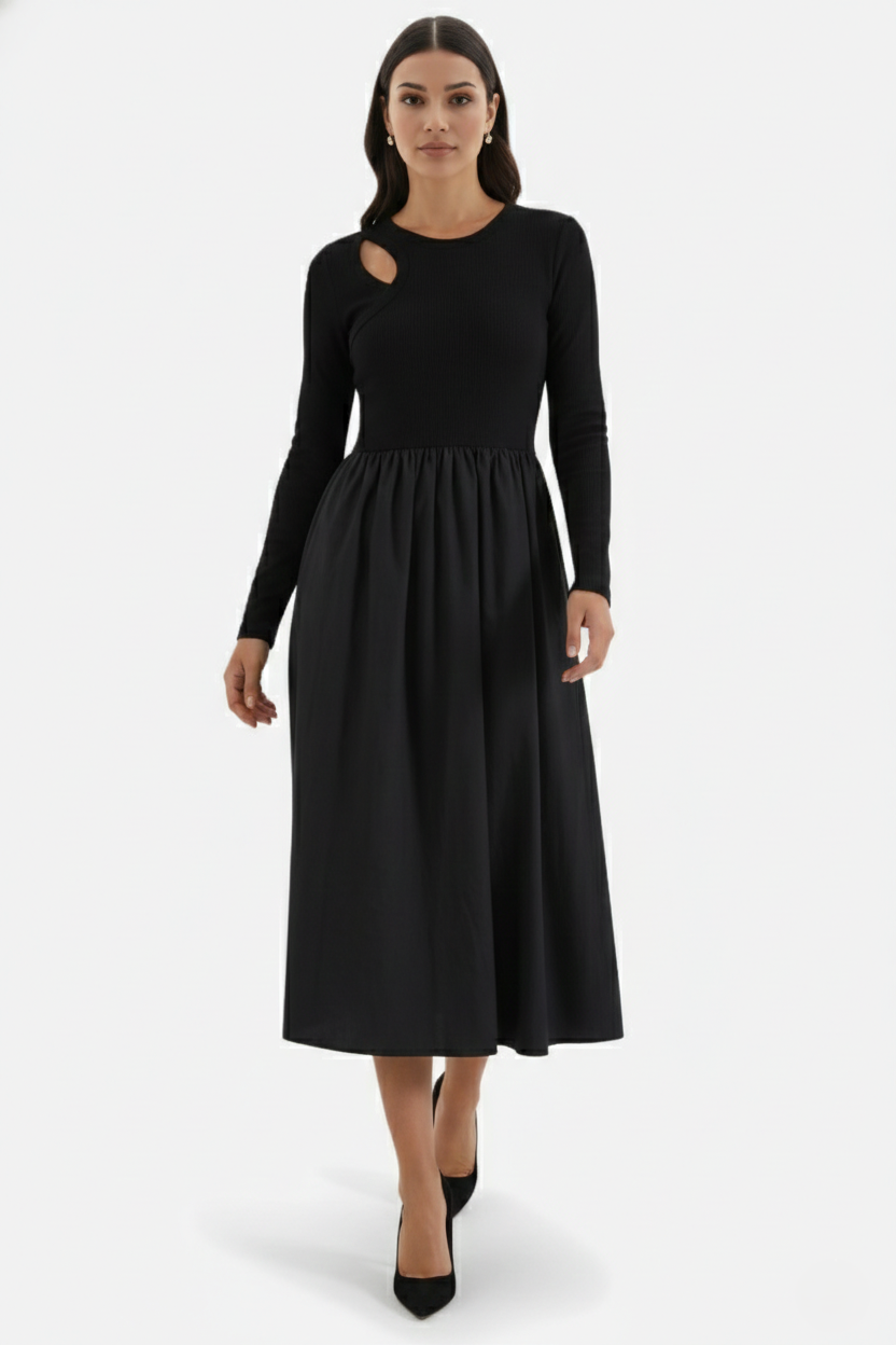Midi Dress Mixed Media Shoulder Cutout Long Sleeve Fit and Flare - Siopie