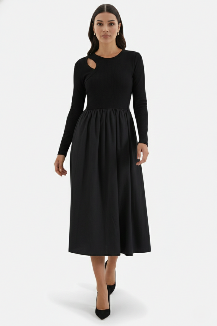 Midi Dress Mixed Media Shoulder Cutout Long Sleeve Fit and Flare - Siopie
