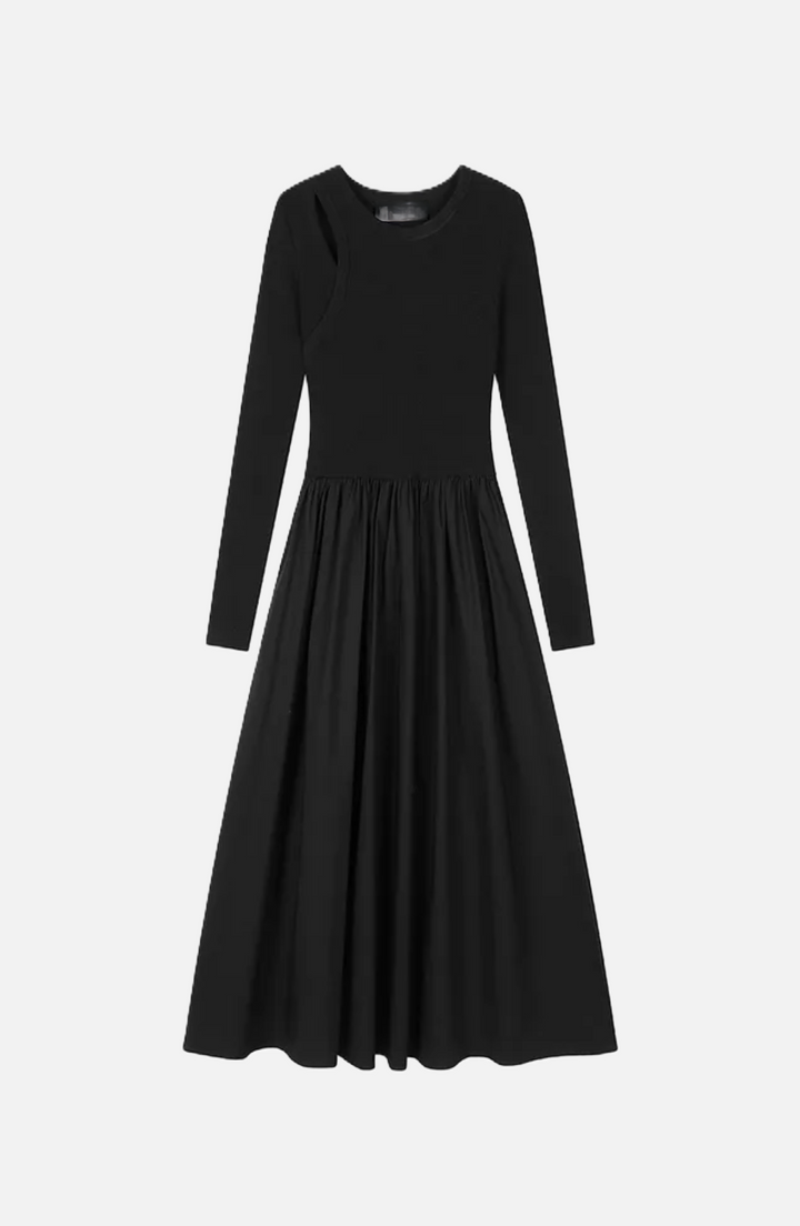 Midi Dress Mixed Media Shoulder Cutout Long Sleeve Fit and Flare - Siopie