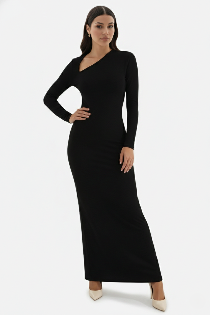 Bodycon Maxi Dress Asymmetric Cutout Long Sleeve - Siopie