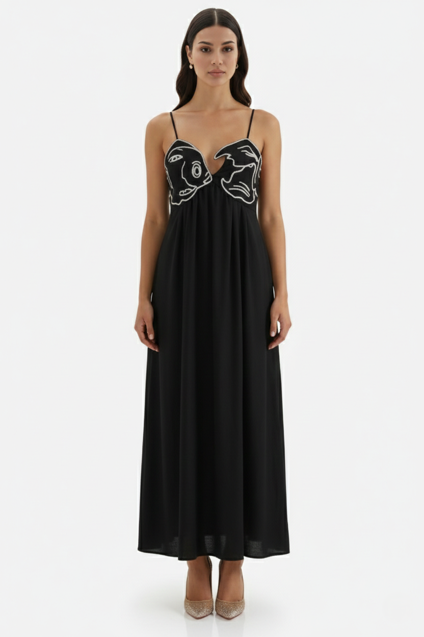 Summer Linen Dress Embroidered Fish Bodice A-Line with Spaghetti Straps - Siopie