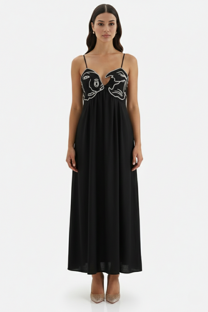 Summer Linen Dress Embroidered Fish Bodice A-Line with Spaghetti Straps - Siopie