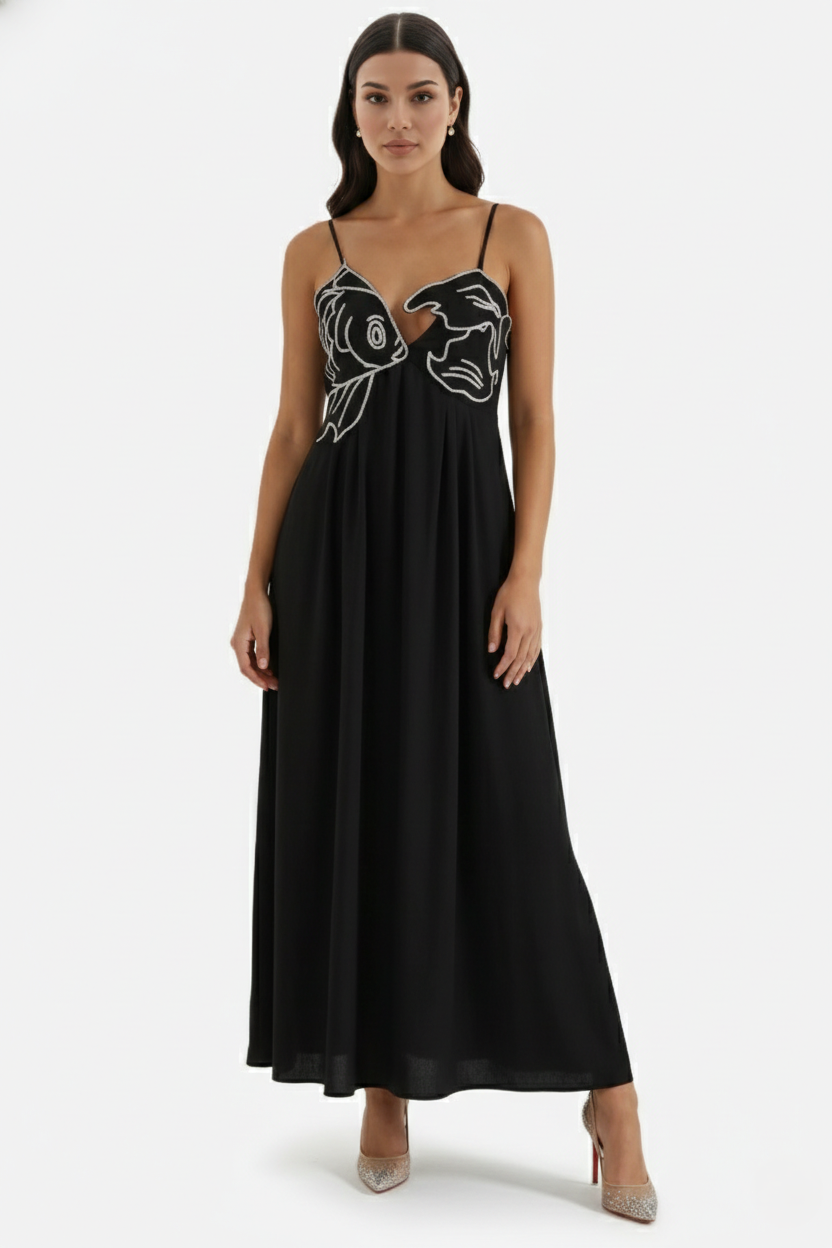 Summer Linen Dress Embroidered Fish Bodice A-Line with Spaghetti Straps - Siopie