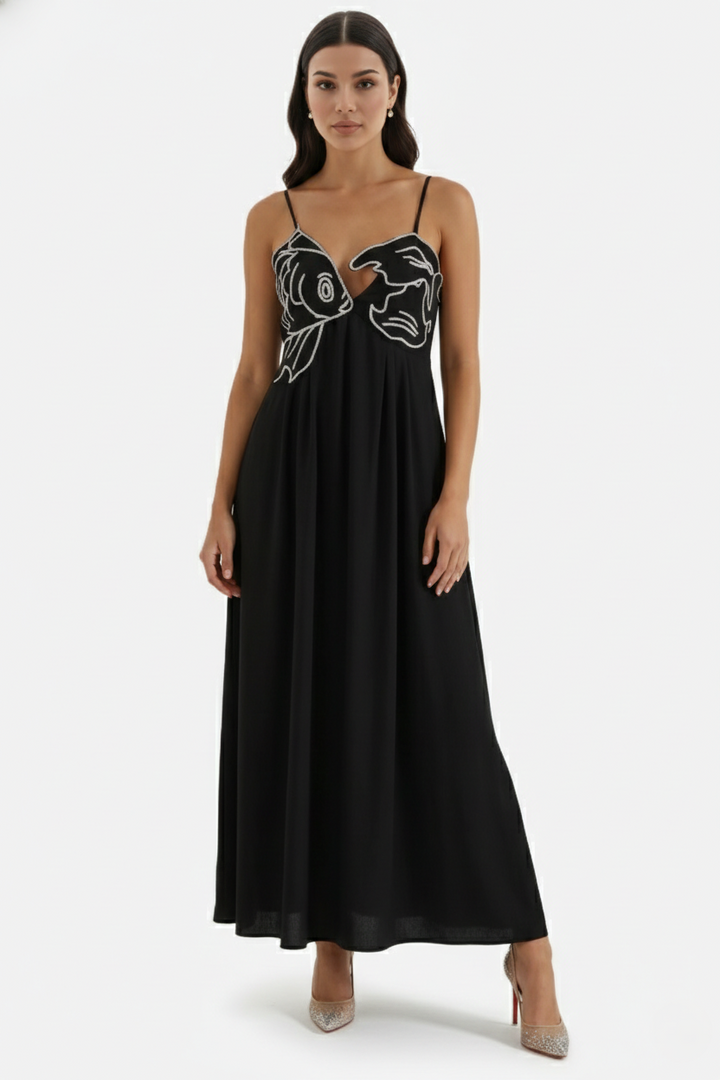 Summer Linen Dress Embroidered Fish Bodice A-Line with Spaghetti Straps - Siopie
