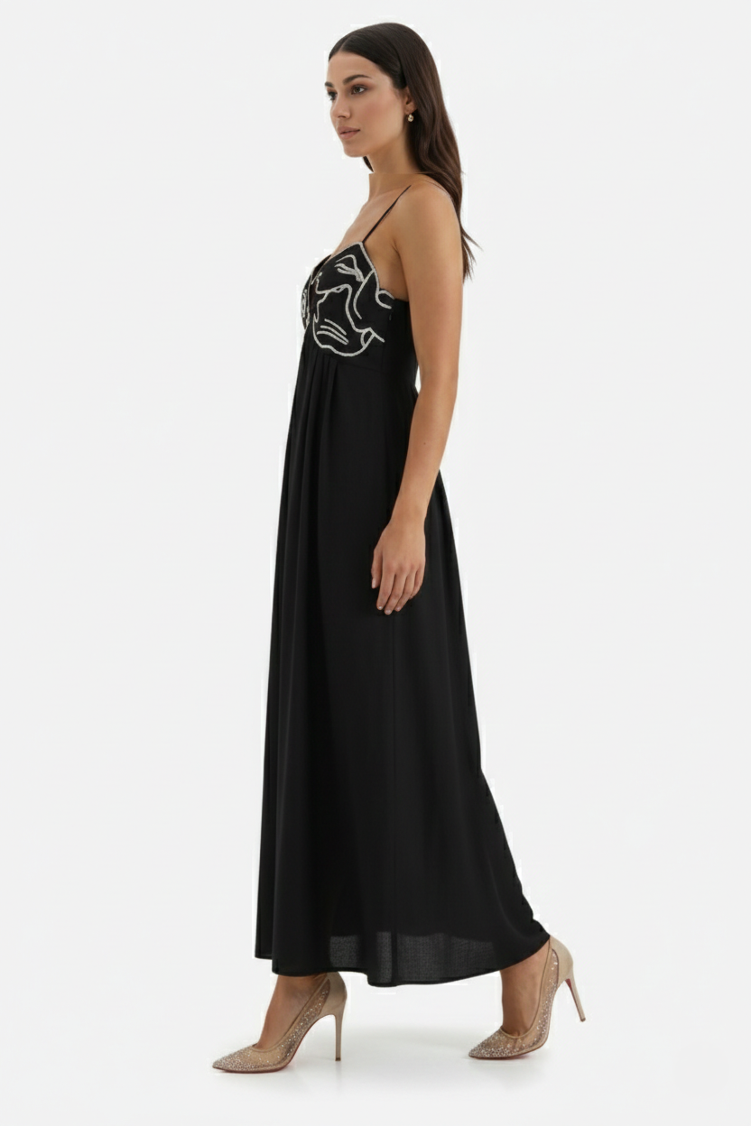 Summer Linen Dress Embroidered Fish Bodice A-Line with Spaghetti Straps - Siopie
