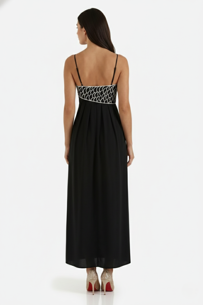 Summer Linen Dress Embroidered Fish Bodice A-Line with Spaghetti Straps - Siopie