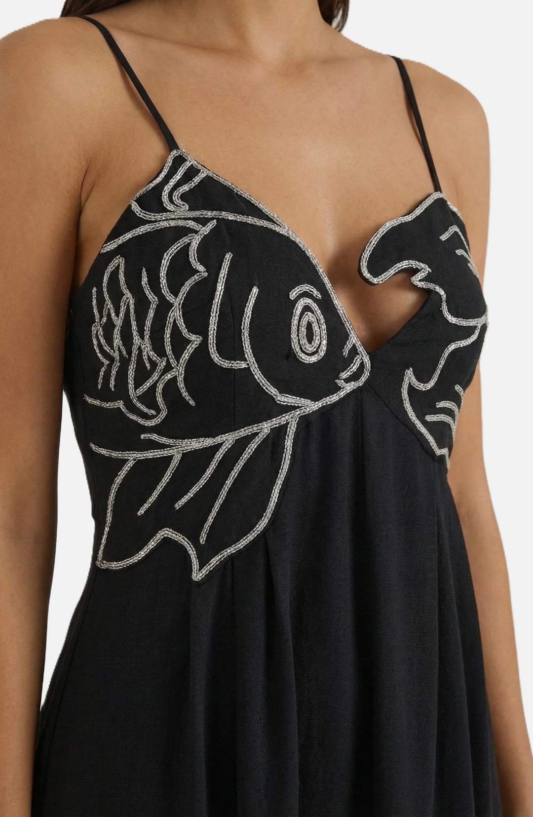 Summer Linen Dress Embroidered Fish Bodice A-Line with Spaghetti Straps - Siopie