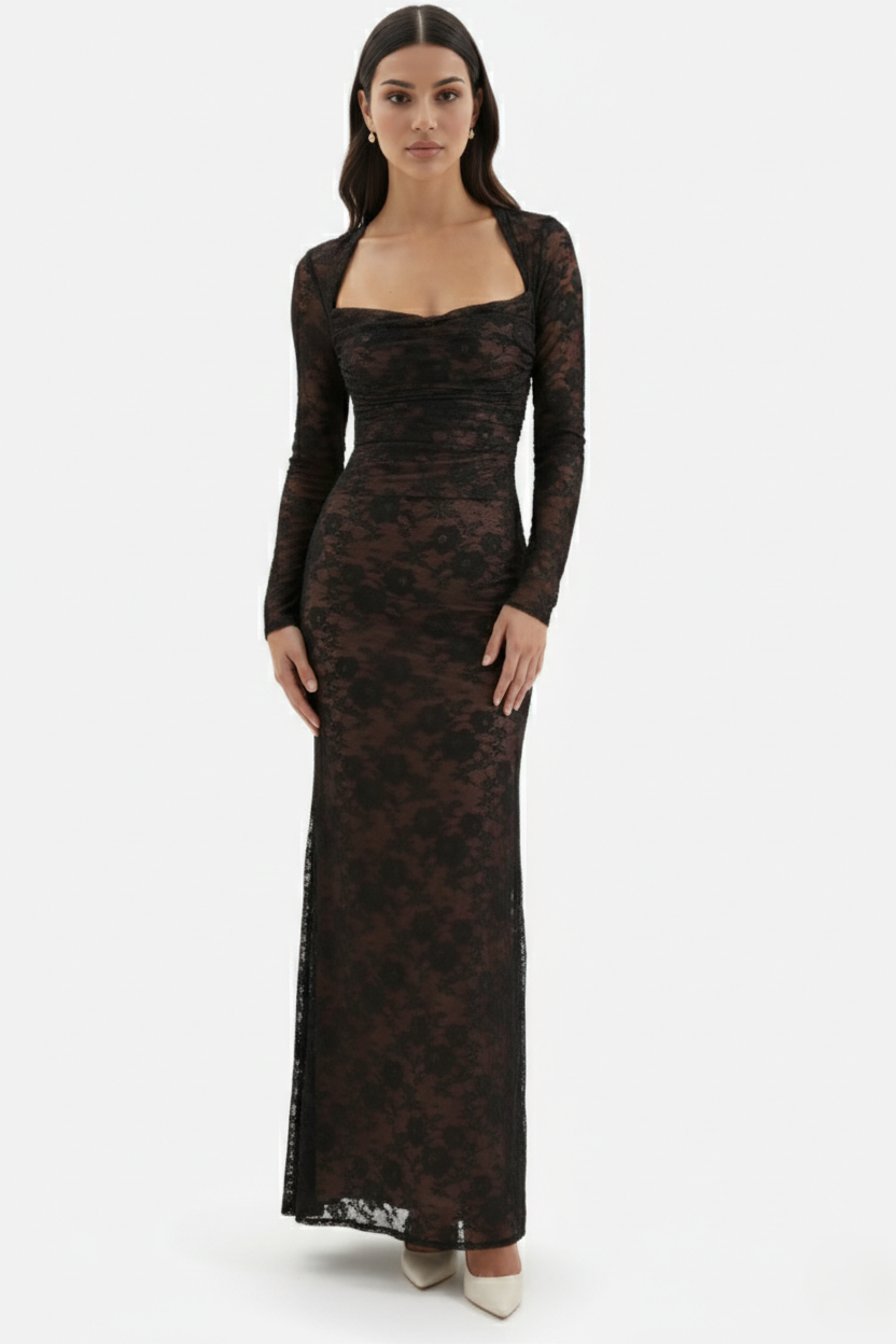 Floral Lace Maxi Dress with Lace-Up Back and Long Sleeve Shrug - Siopie