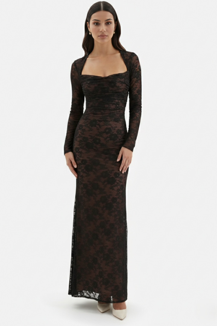 Floral Lace Maxi Dress with Lace-Up Back and Long Sleeve Shrug - Siopie