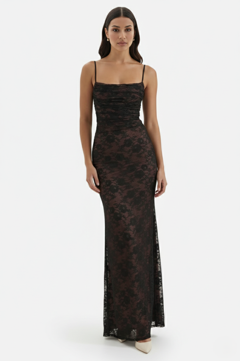 Floral Lace Maxi Dress with Lace-Up Back and Long Sleeve Shrug - Siopie