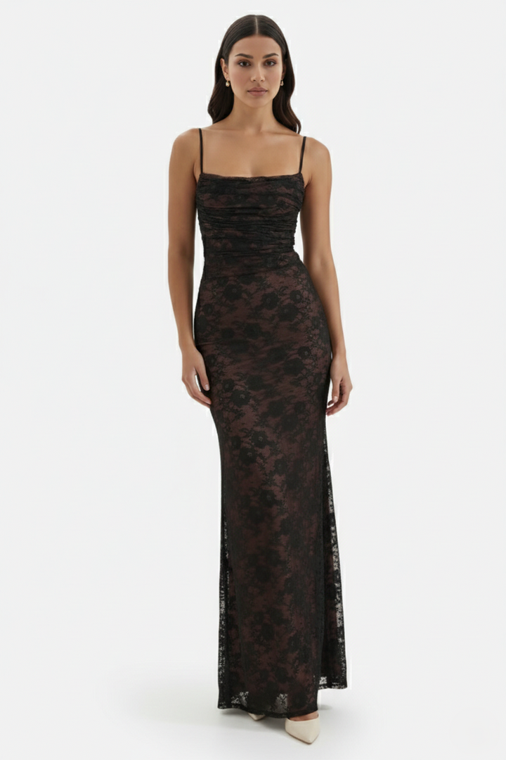 Floral Lace Maxi Dress with Lace-Up Back and Long Sleeve Shrug - Siopie