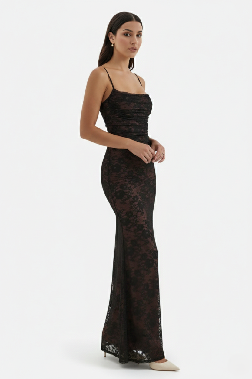 Floral Lace Maxi Dress with Lace-Up Back and Long Sleeve Shrug - Siopie