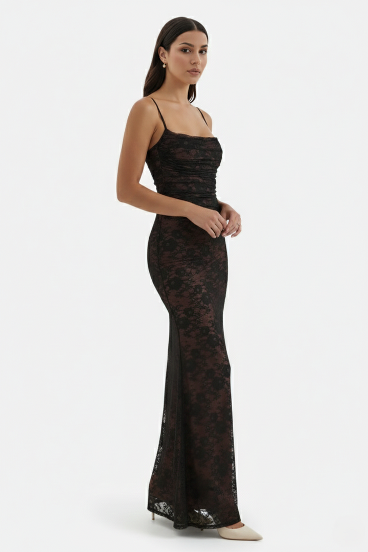 Floral Lace Maxi Dress with Lace-Up Back and Long Sleeve Shrug - Siopie