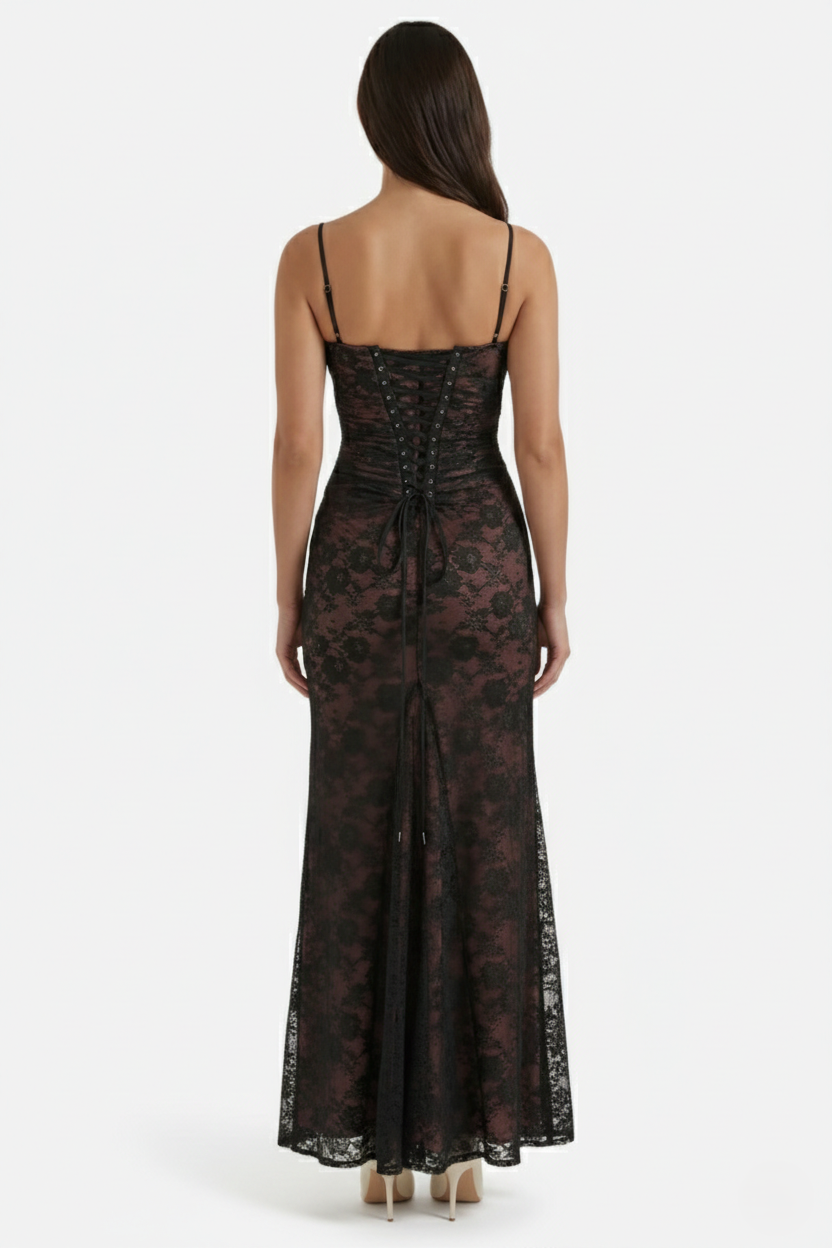 Floral Lace Maxi Dress with Lace-Up Back and Long Sleeve Shrug - Siopie
