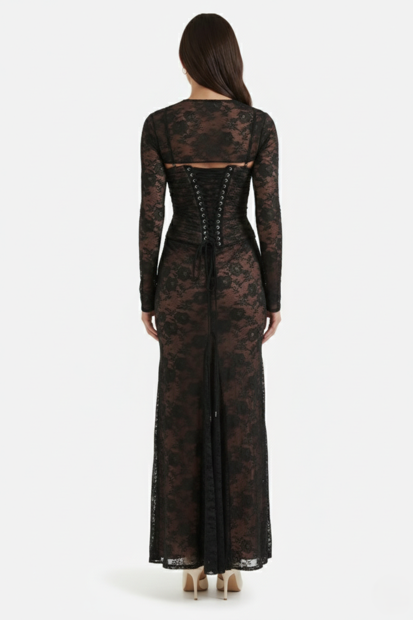 Floral Lace Maxi Dress with Lace-Up Back and Long Sleeve Shrug - Siopie