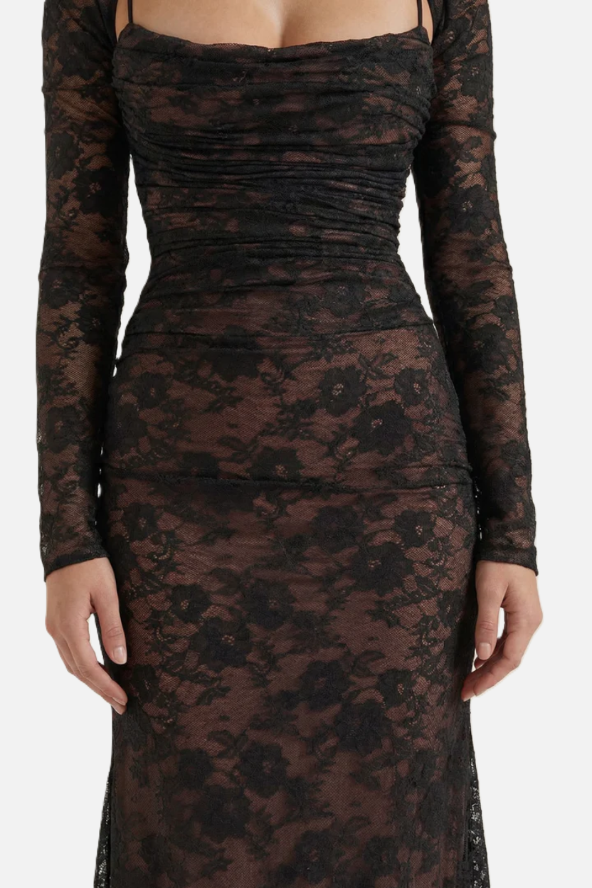 Floral Lace Maxi Dress with Lace-Up Back and Long Sleeve Shrug - Siopie