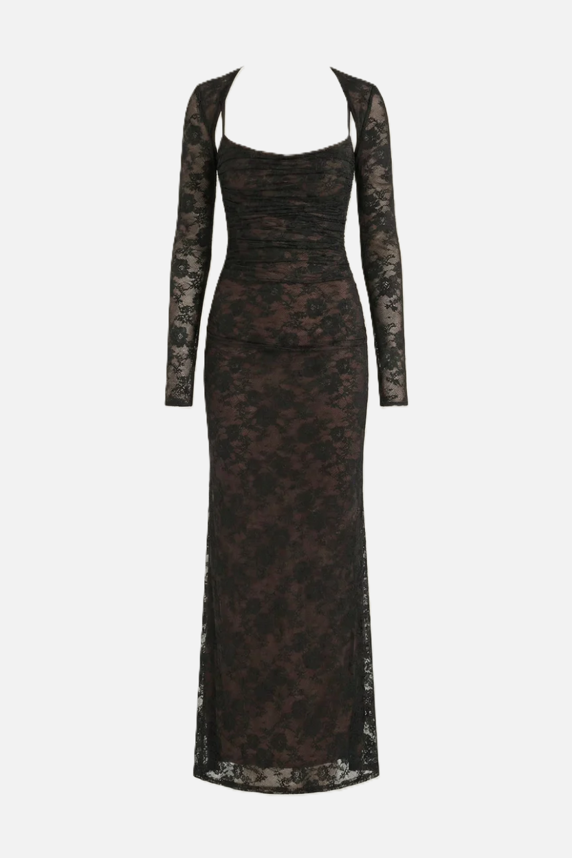 Floral Lace Maxi Dress with Lace-Up Back and Long Sleeve Shrug - Siopie