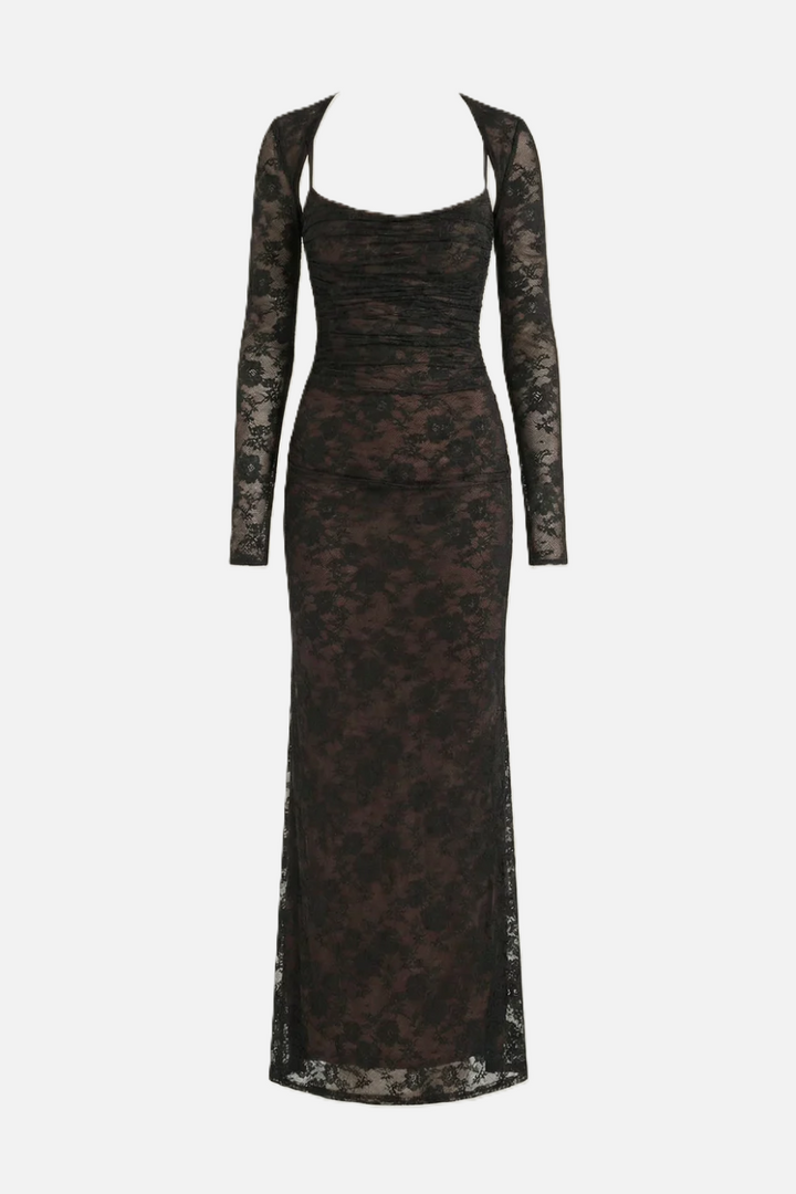 Floral Lace Maxi Dress with Lace-Up Back and Long Sleeve Shrug - Siopie