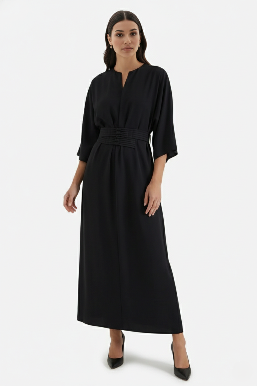 Kaftan Dress with Split Neckline and Pleated Cinch Waist - Siopie