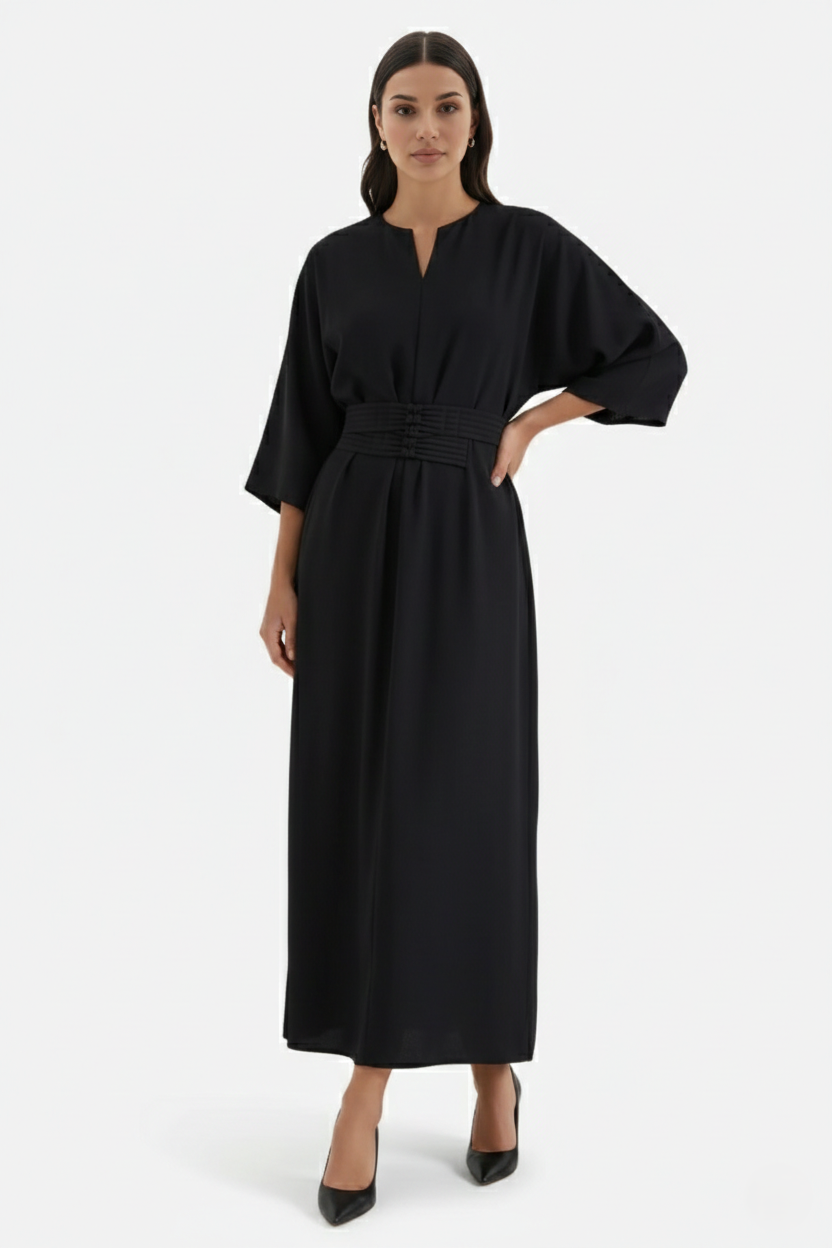 Kaftan Dress with Split Neckline and Pleated Cinch Waist - Siopie