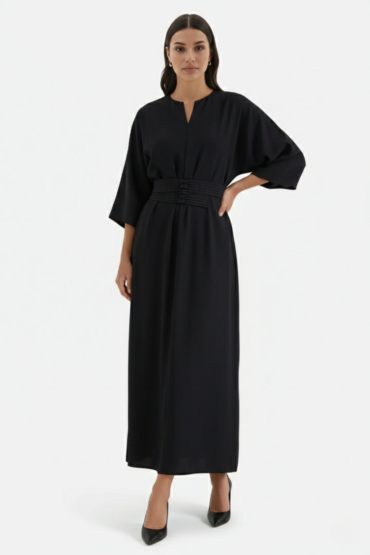 Kaftan Dress with Split Neckline and Pleated Cinch Waist - Siopie