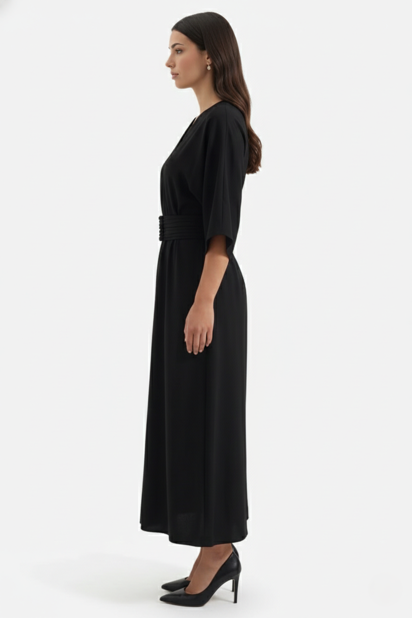 Kaftan Dress with Split Neckline and Pleated Cinch Waist - Siopie