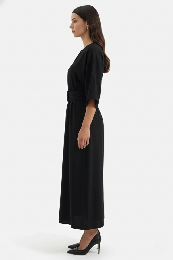 Kaftan Dress with Split Neckline and Pleated Cinch Waist - Siopie