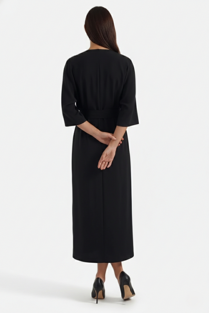 Kaftan Dress with Split Neckline and Pleated Cinch Waist - Siopie