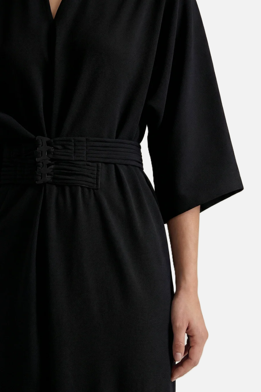 Kaftan Dress with Split Neckline and Pleated Cinch Waist - Siopie