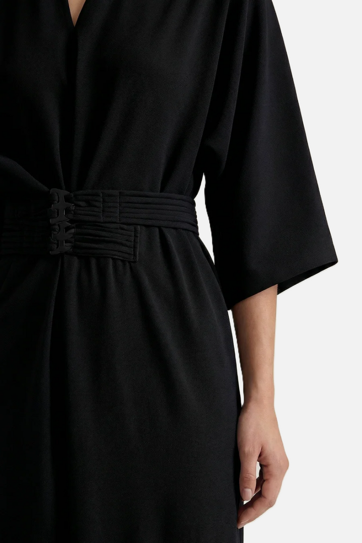 Kaftan Dress with Split Neckline and Pleated Cinch Waist - Siopie