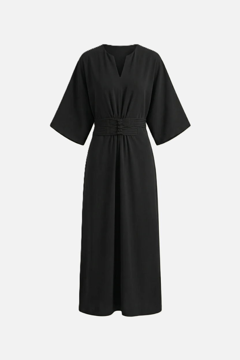 Kaftan Dress with Split Neckline and Pleated Cinch Waist - Siopie