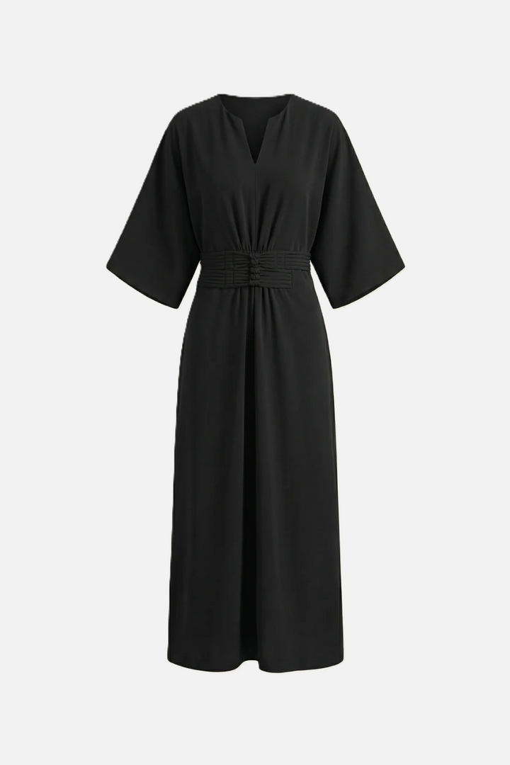 Kaftan Dress with Split Neckline and Pleated Cinch Waist - Siopie