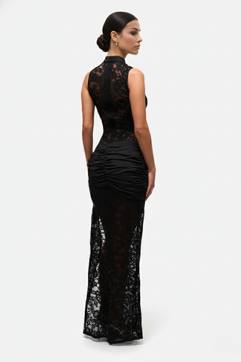 Lace Keyhole Cheongsam Maxi Dress High Side Slit - Siopie