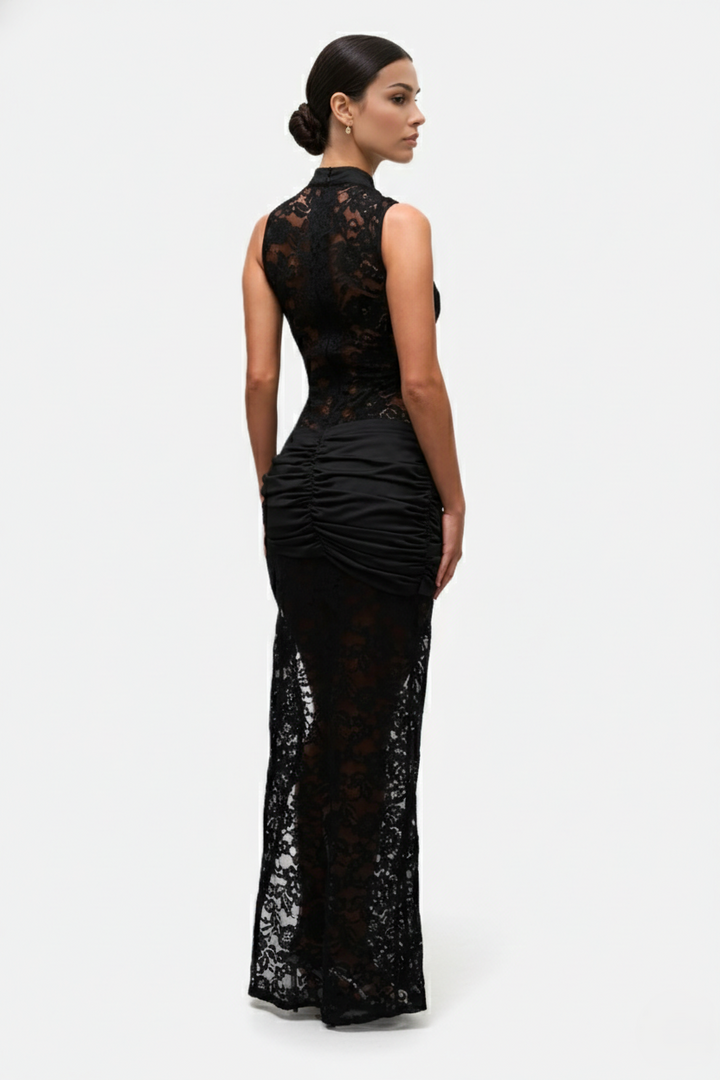 Lace Keyhole Cheongsam Maxi Dress High Side Slit - Siopie