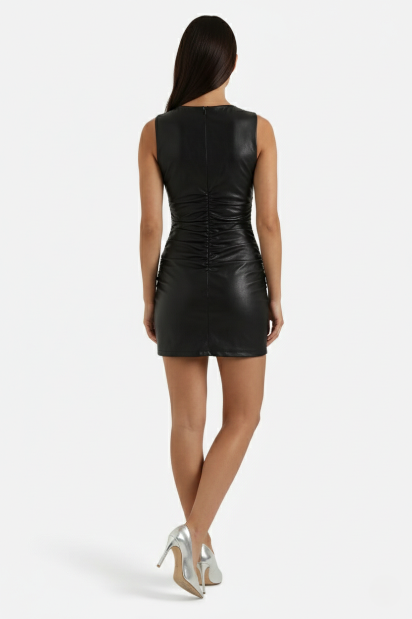Faux Leather Sleeveless Ruched Mini Dress - Siopie