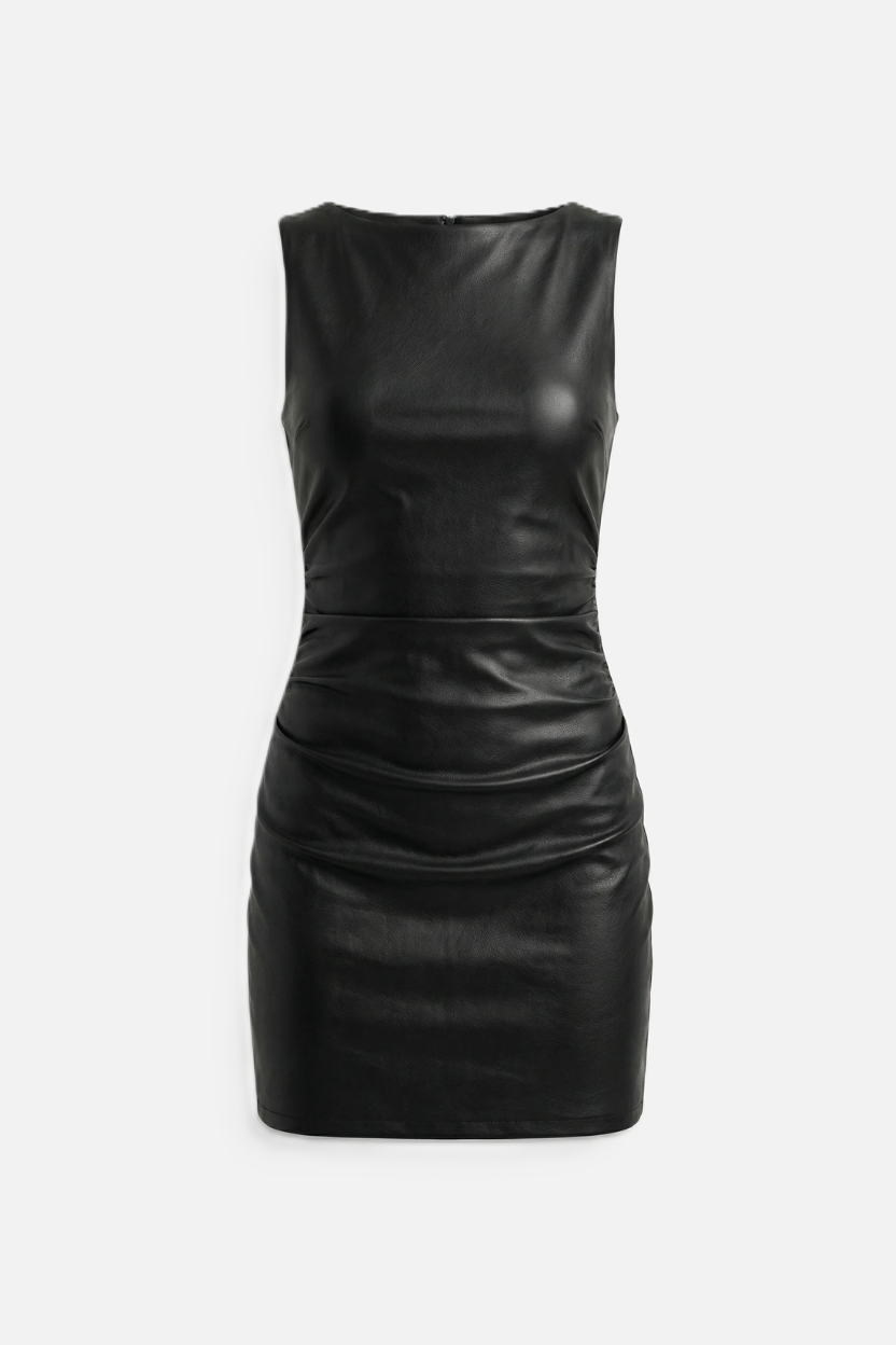 Faux Leather Sleeveless Ruched Mini Dress - Siopie