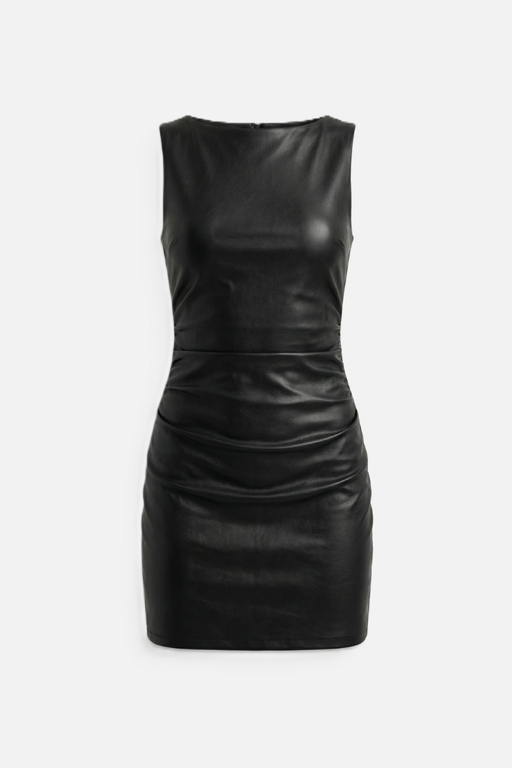 Faux Leather Sleeveless Ruched Mini Dress - Siopie