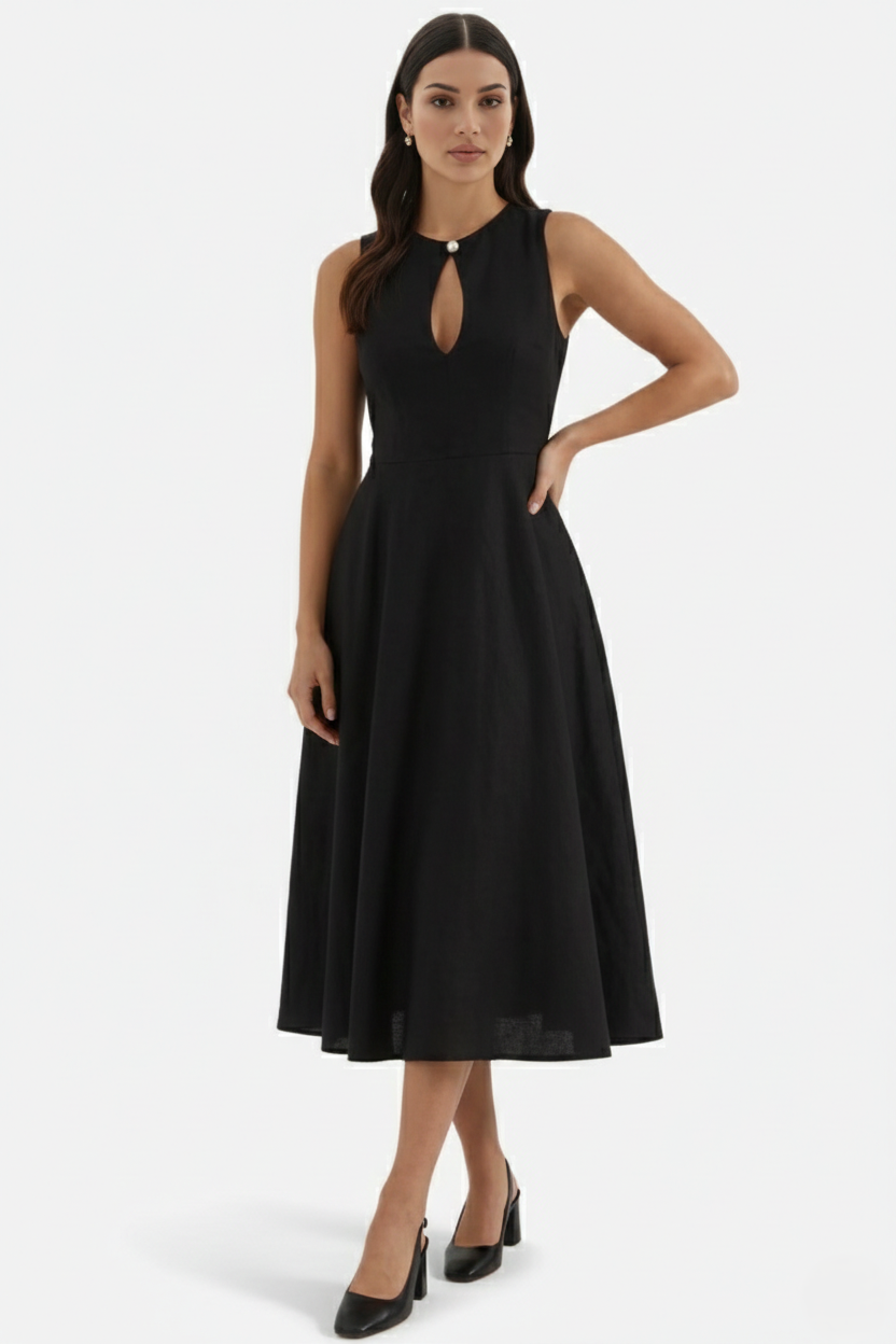 Summer Linen Midi Dress with Keyhole Neckline Fit and Flare - Siopie