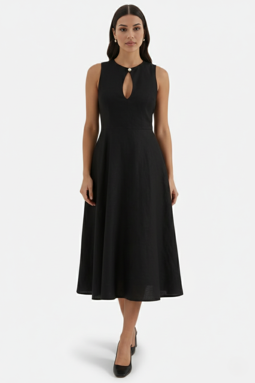 Summer Linen Midi Dress with Keyhole Neckline Fit and Flare - Siopie