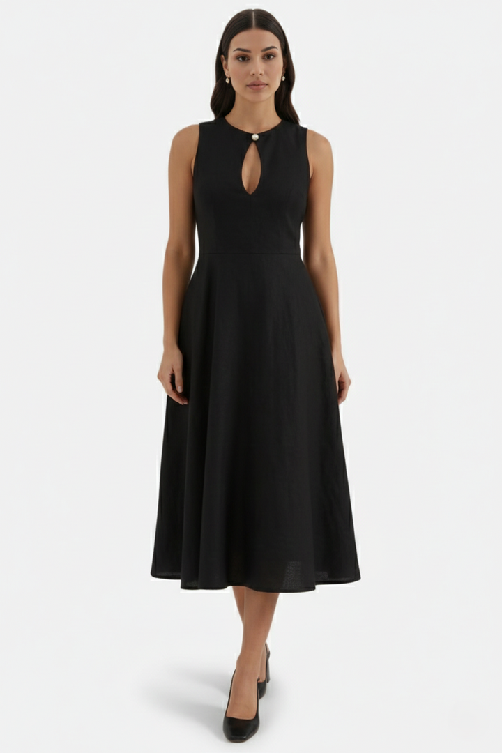 Summer Linen Midi Dress with Keyhole Neckline Fit and Flare - Siopie