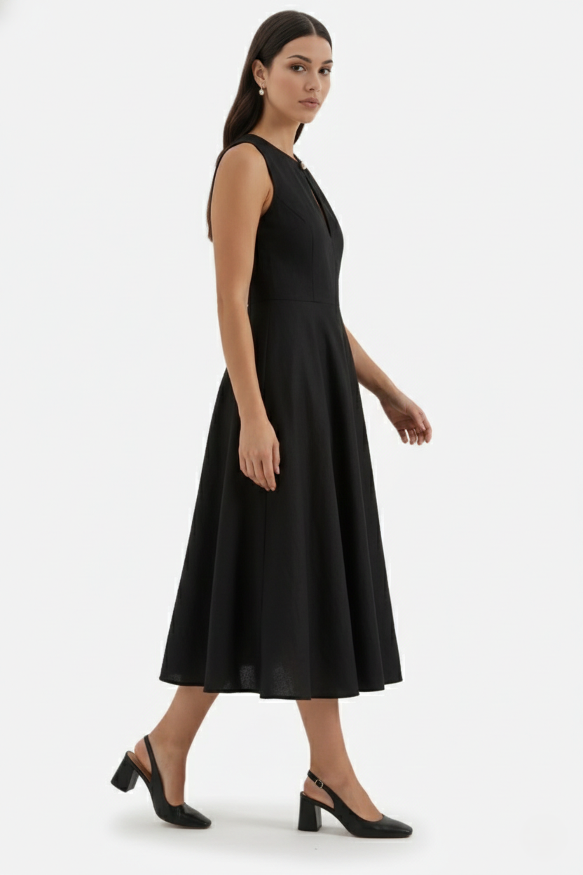 Midi Dress Mixed Media Shoulder Cutout Long Sleeve Fit and Flare - Siopie