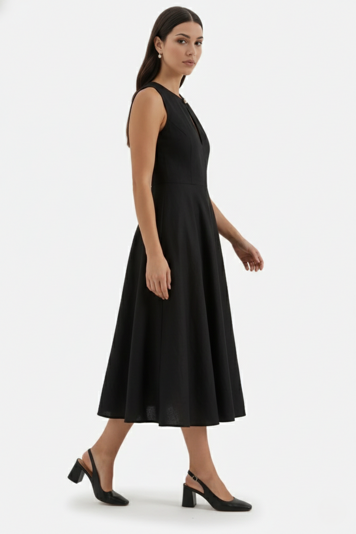 Midi Dress Mixed Media Shoulder Cutout Long Sleeve Fit and Flare - Siopie