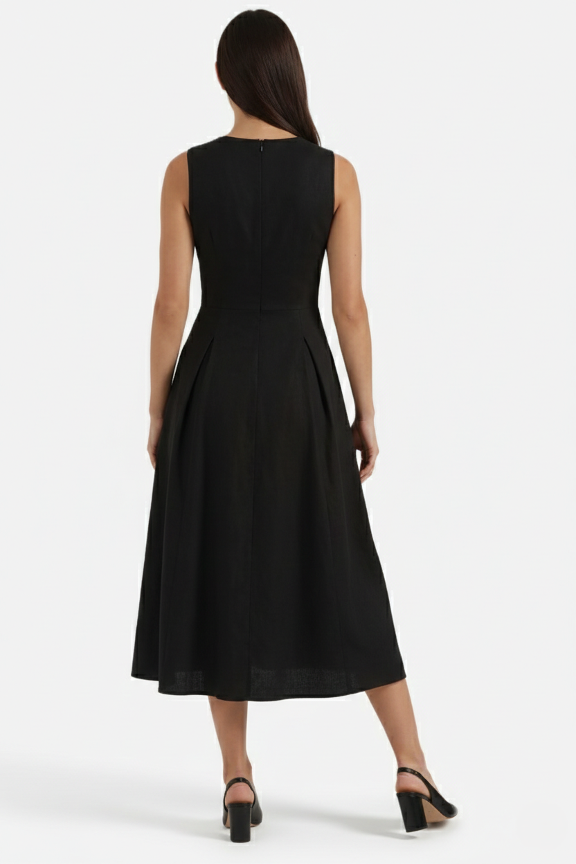 Summer Linen Midi Dress with Keyhole Neckline Fit and Flare - Siopie