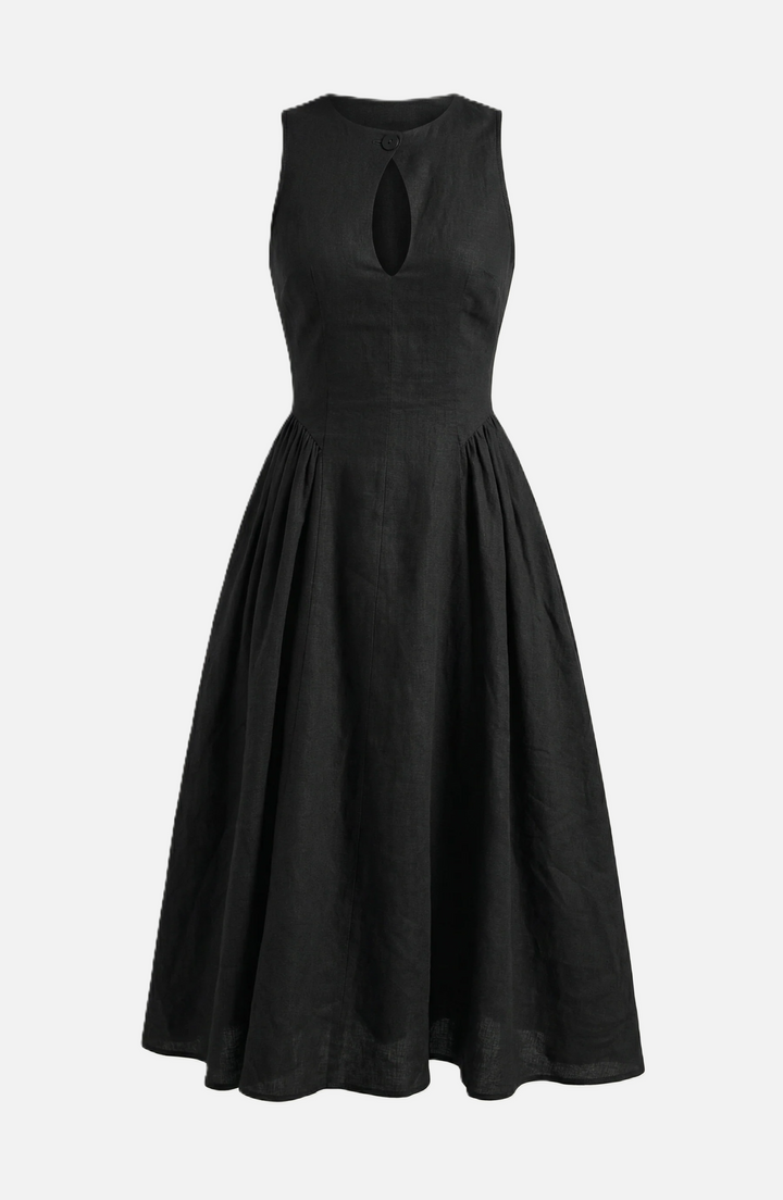 Summer Linen Midi Dress with Keyhole Neckline Fit and Flare - Siopie