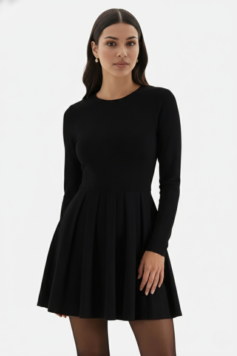 Knitted Long Sleeve Skater Dress - Fit and Flare A-Line Mini - Siopie