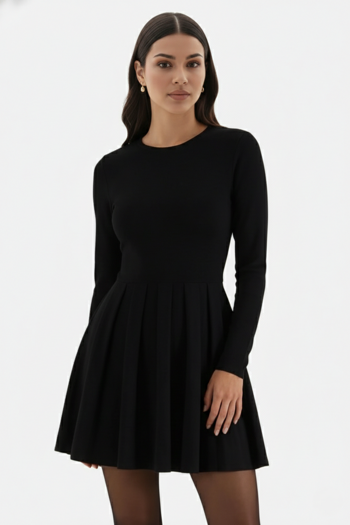 Knitted Long Sleeve Skater Dress - Fit and Flare A-Line Mini - Siopie