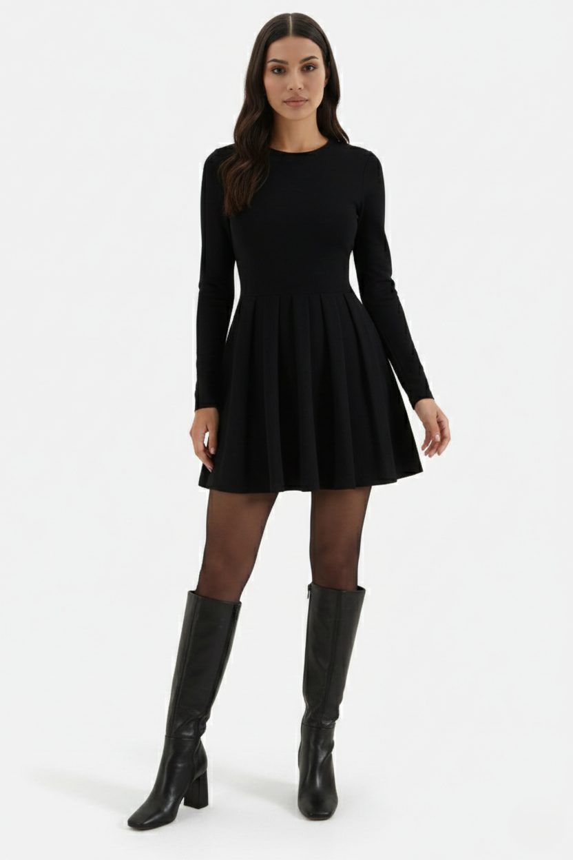 Knitted Long Sleeve Skater Dress - Fit and Flare A-Line Mini - Siopie