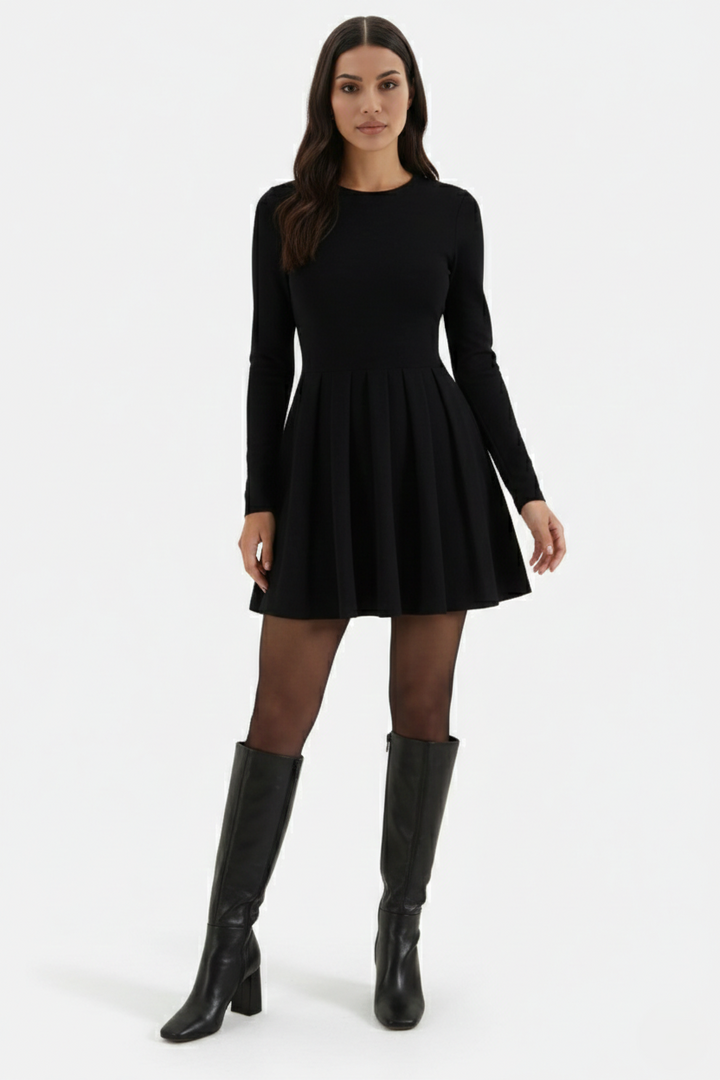 Knitted Long Sleeve Skater Dress - Fit and Flare A-Line Mini - Siopie