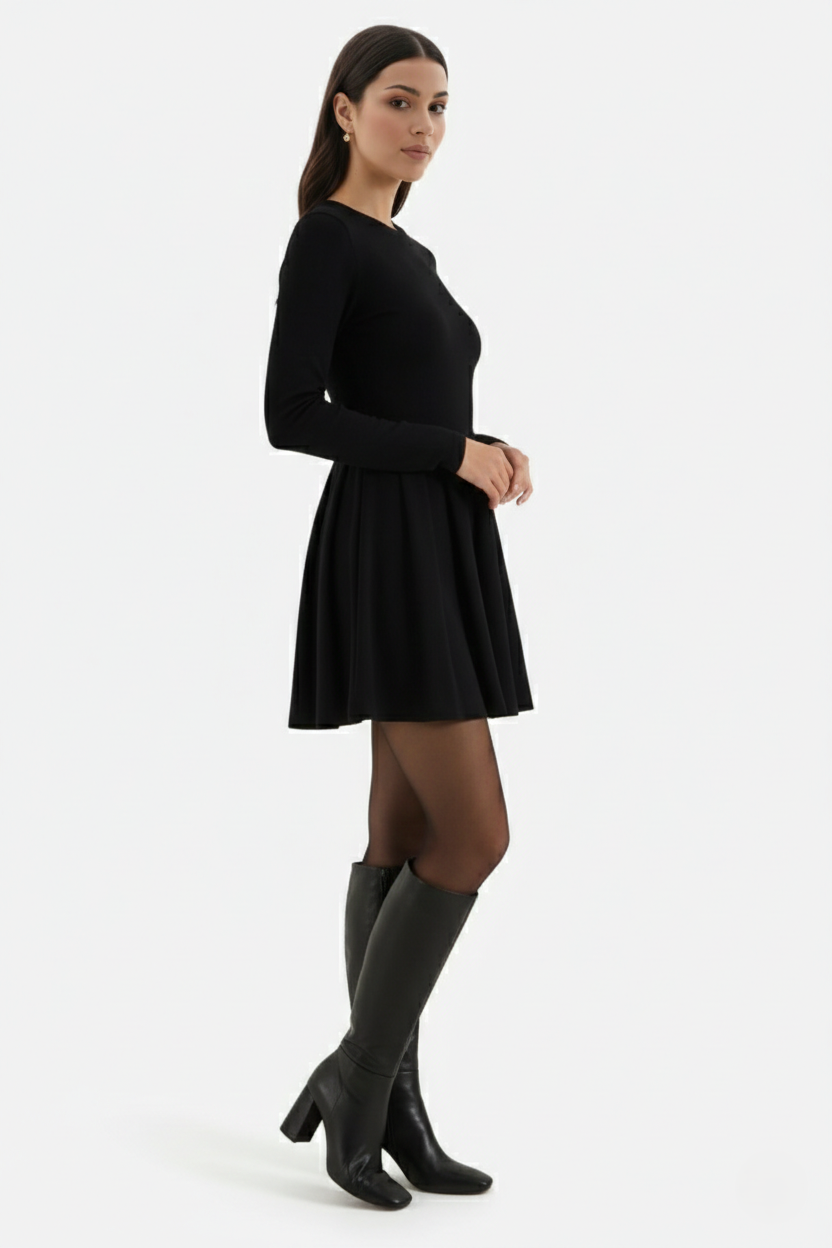 Knitted Long Sleeve Skater Dress - Fit and Flare A-Line Mini - Siopie