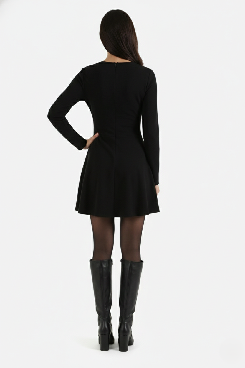 Knitted Long Sleeve Skater Dress - Fit and Flare A-Line Mini - Siopie